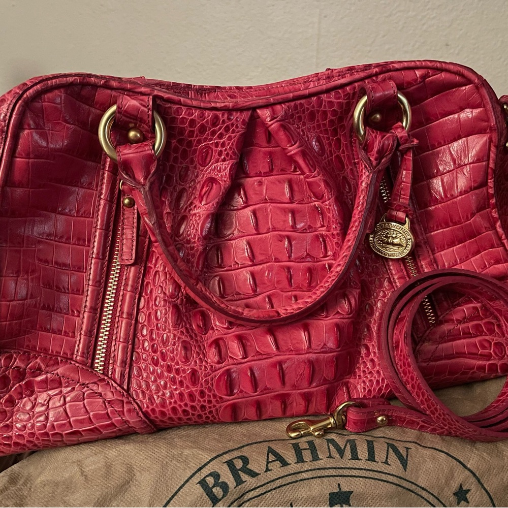 Brahmin Vibrant lipstick pink leather Croc-Embossed Shoulder Bag with Dust Bag.